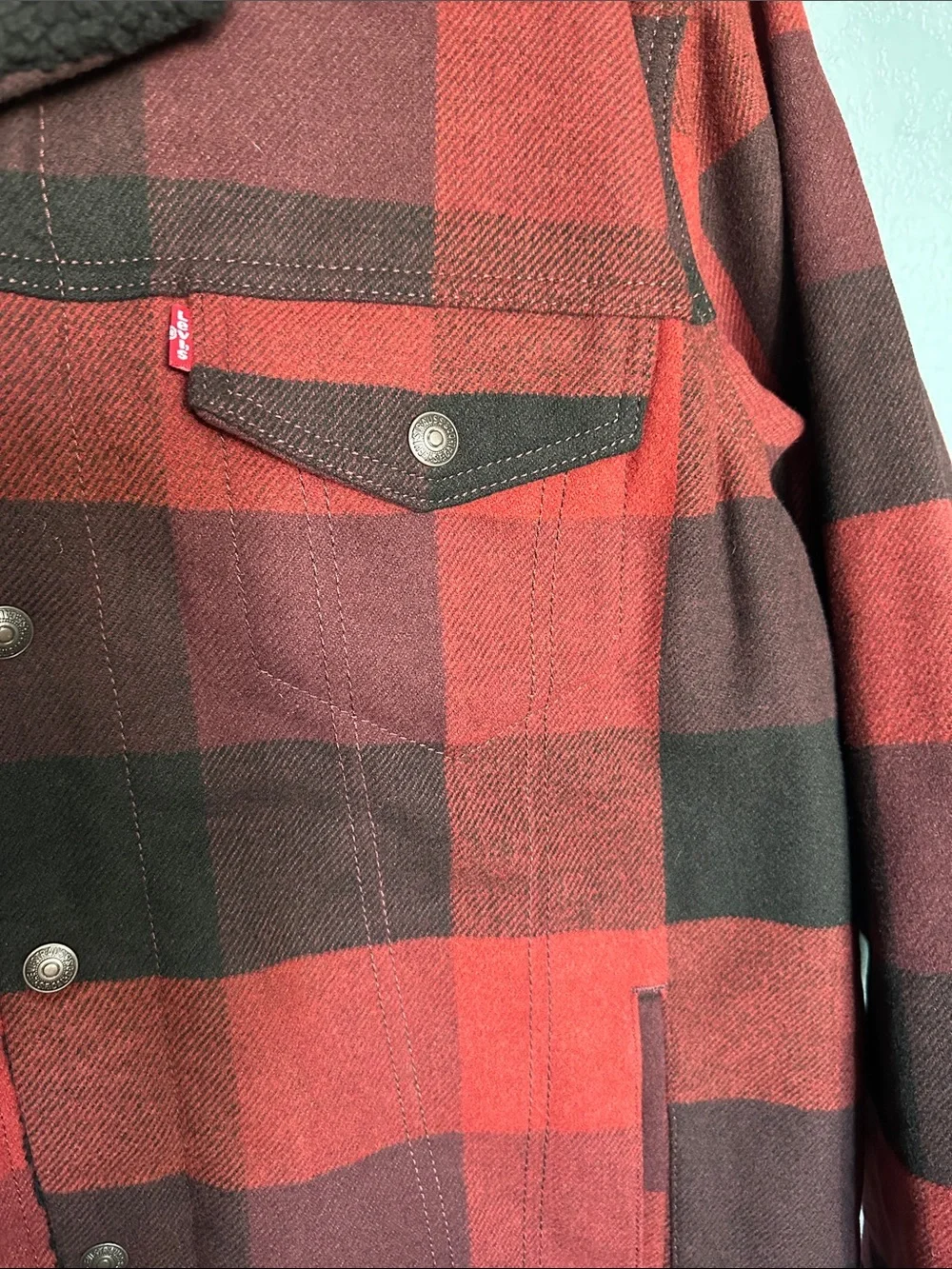 Levi's Red and Black Plaid Sherpa Collar Field Jacket